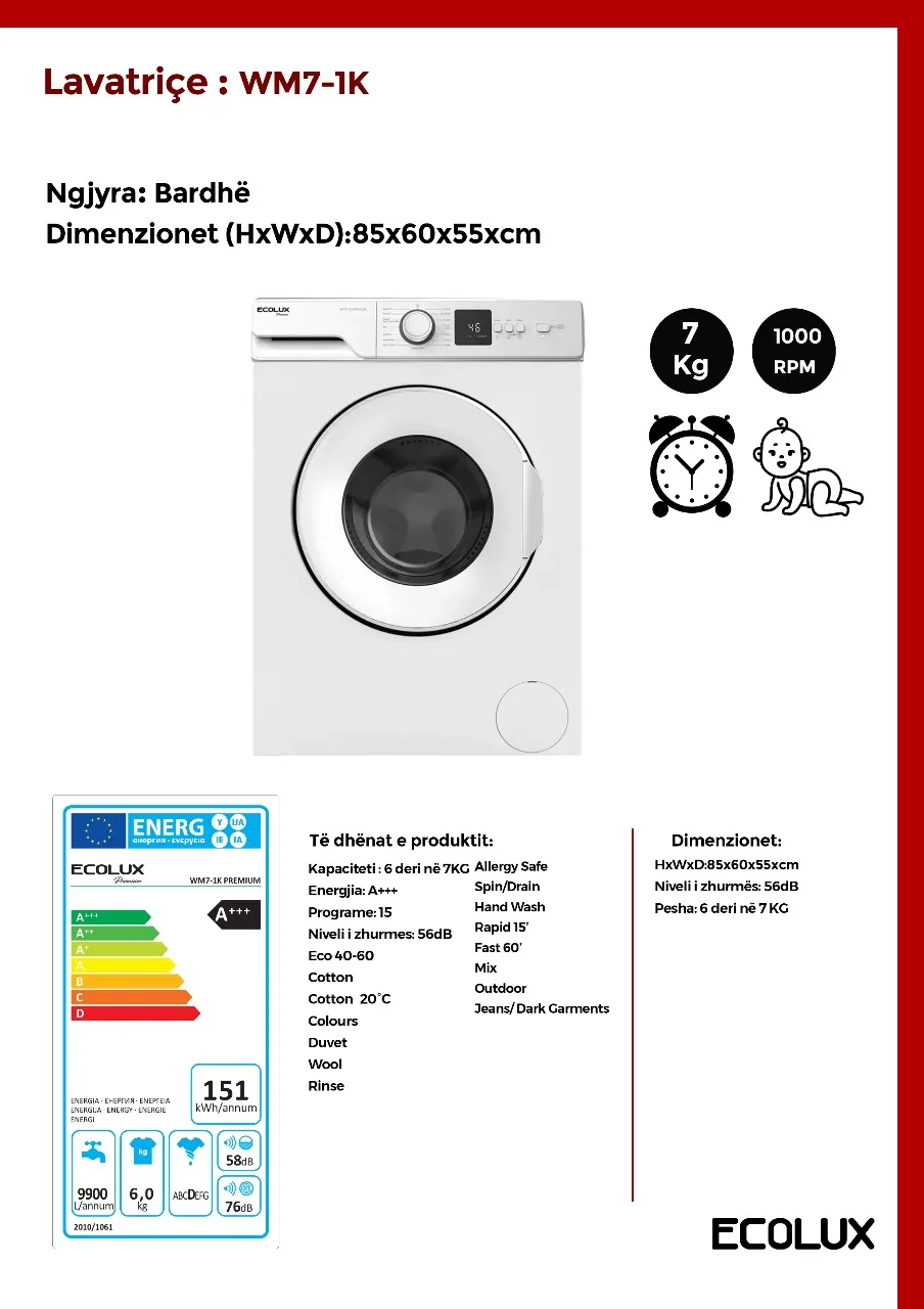 Lavatriçe Ecolux Premium 7KG – WM7 1K - 2