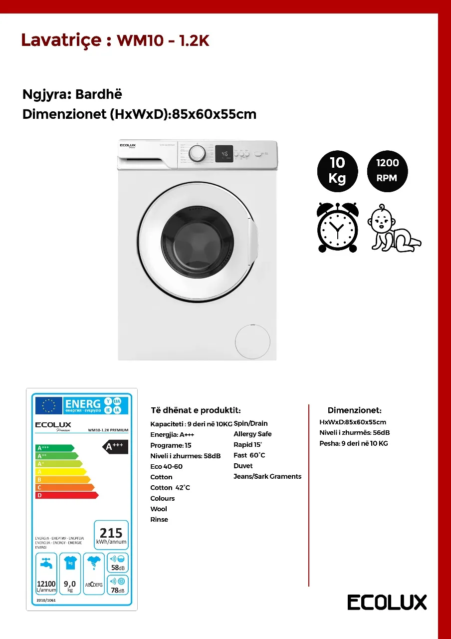 Lavatriçe Ecolux 10KG – WM10 1.2K Premium - 2
