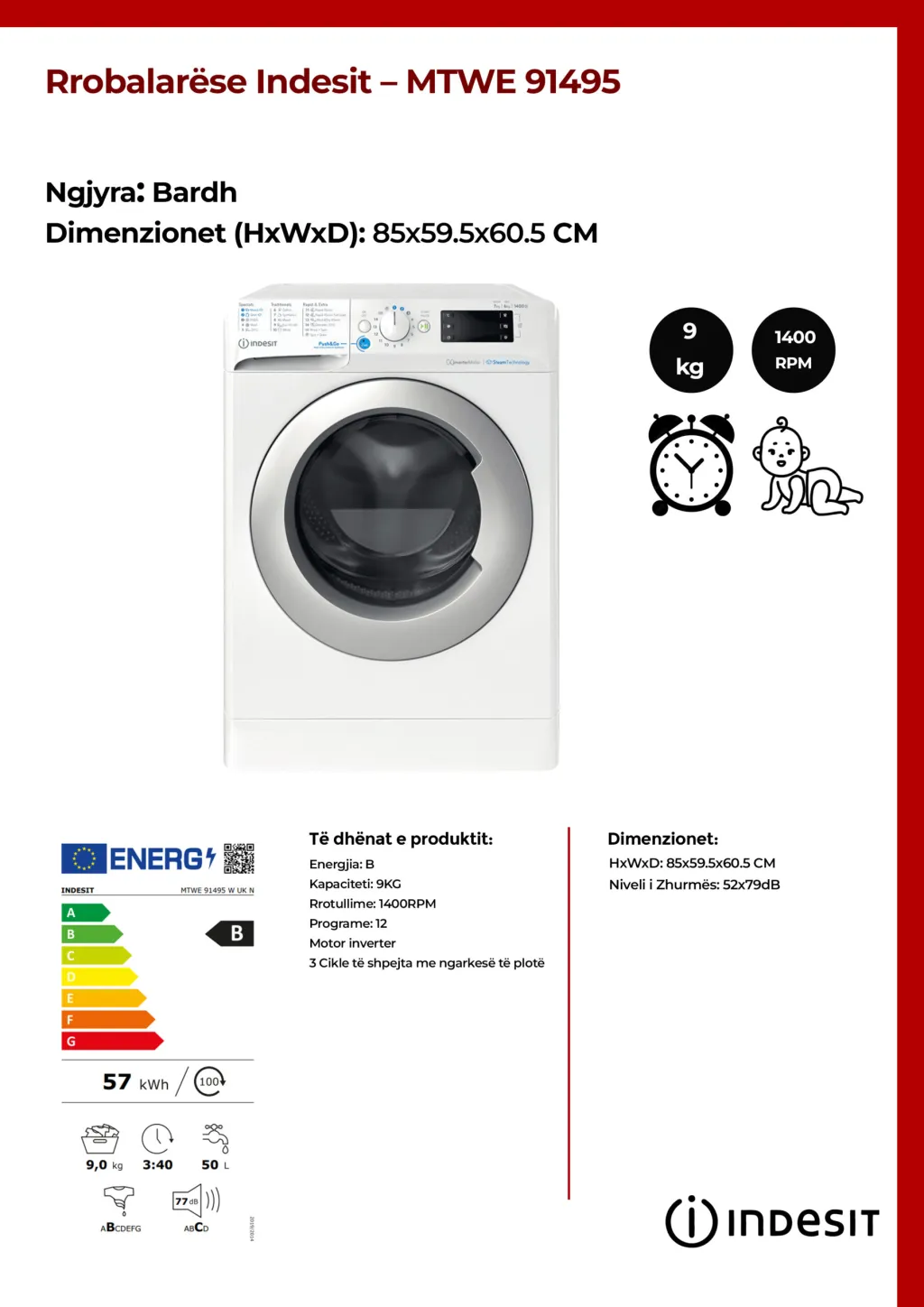 Rrobalarëse Indesit 9KG – MTWE 91495 - 2