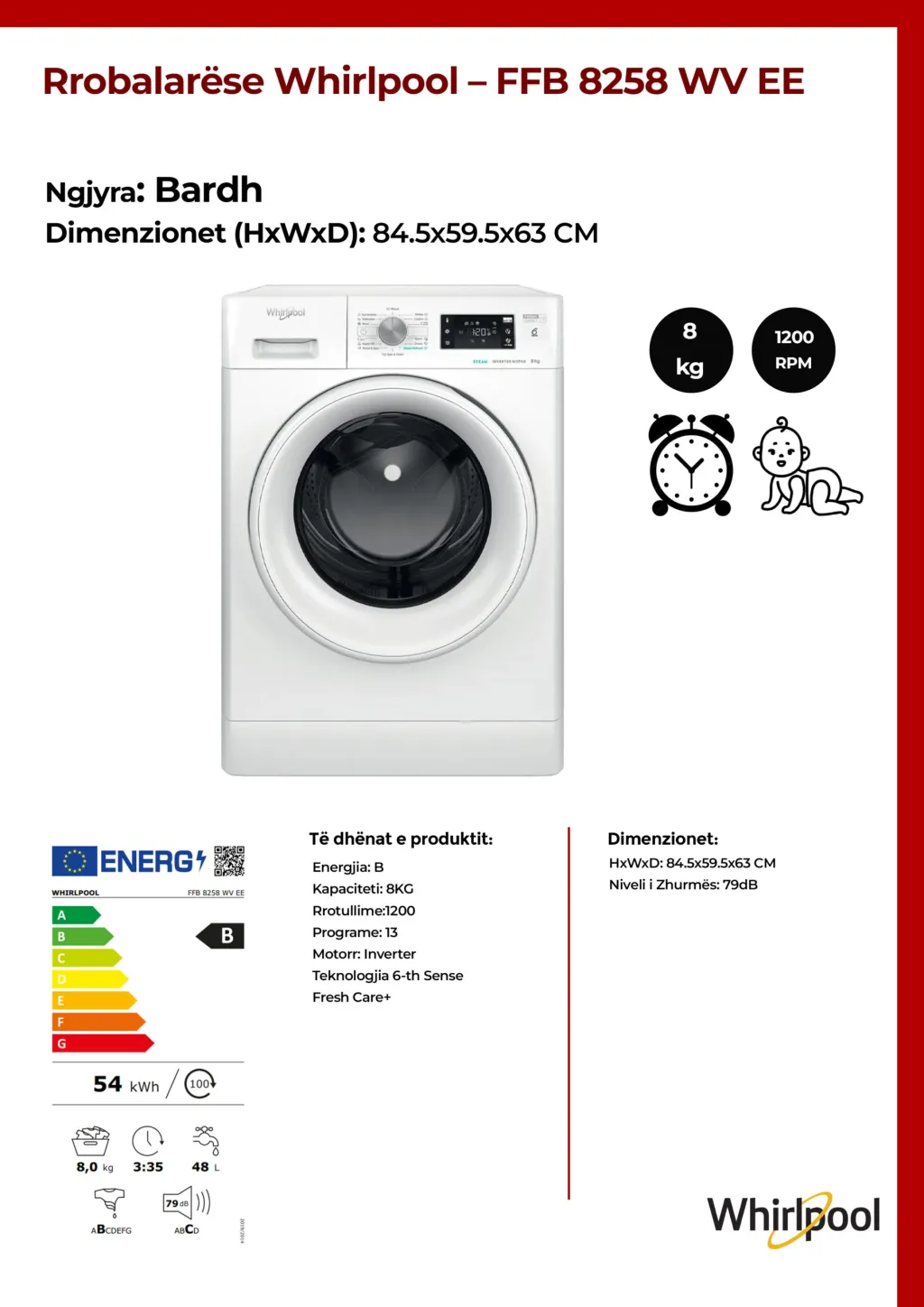 Rrobalarëse Whirlpool 8KG – FFB 8258 WV EE - 2