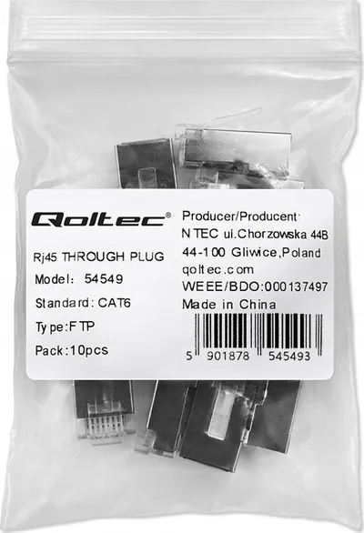 Konektor RJ45 Qoltec Through Plug CAT6 FTP, Pass Through, kontakte të veshura me ar, set 10 copë, transparent - 3