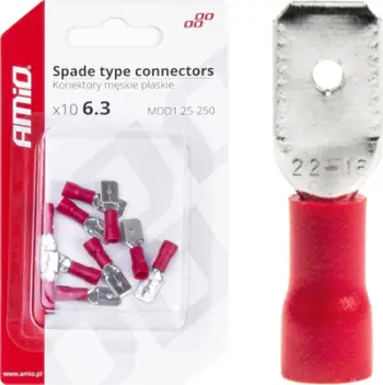 Konektorë të sheshtë mashkullorë të izoluar 6.3mm, set 10 copë, PVC të kuqe