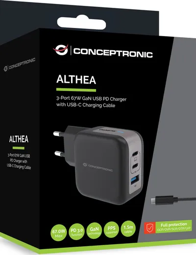 Karikues Conceptronic 3 Port GaN, 67W, USB PD dhe Quick Charge, i bardhë - 1