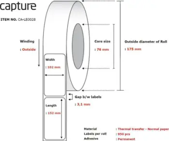 Letër etiketuese për printer Capture CA-LB3028, termike, e bardhë