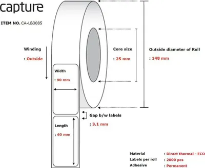 Letër etiketuese Capture CA-LB3085, për printer termik, e bardhë - 1