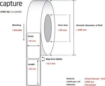 Letër etiketuese Capture CA-LB3085, për printer termik, e bardhë