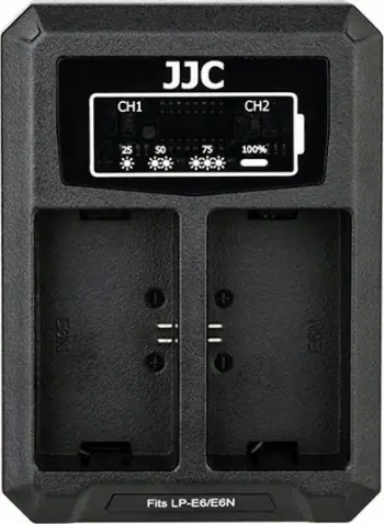 Karikues dyfishtë USB për kamera JJC, për bateri Canon LP-E6N, i zi