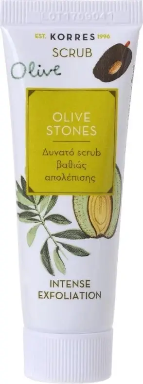 Scrub eksfolues fytyre Korres Olive Stones Intense Exfoliation për femra, 18ml