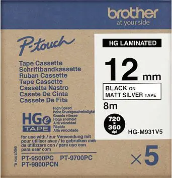 Rrip etiketime Brother HGEM931V5, 12mm x 8m, paketë 5 copë, argjend mat me tekst të zi