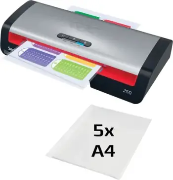 Laminues GBC Laminator 250, format deri A4, ngrohje e shpejtë, i zi argjendtë e kuq