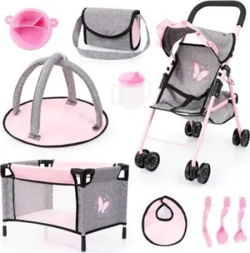 Set karrocë kukullash Bayer Design Doll Buggy, 10 pjesë, gri dhe rozë