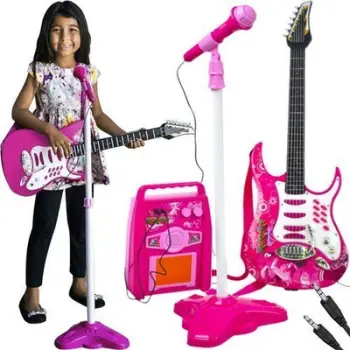 Set kitarë elektrike lodër Kruzzel Rose 22407, me mikrofon, me amplifikator, rozë
