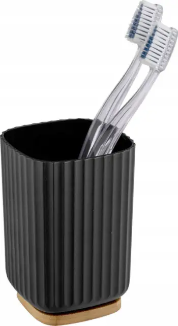 Mbajtës furçash dhëmbësh dhe paste Wenko Rotello, plastikë dhe bambu, 8.5 x 11 x 8.5 cm, i zi kafe