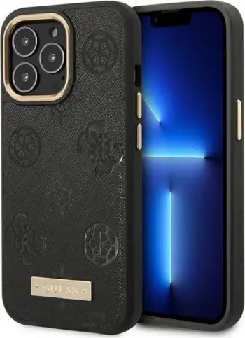 Mbështjellës, Guess, Peony Logo Plate 4G për iPhone 14 Pro Max 6.7", MagSafe, e zezë