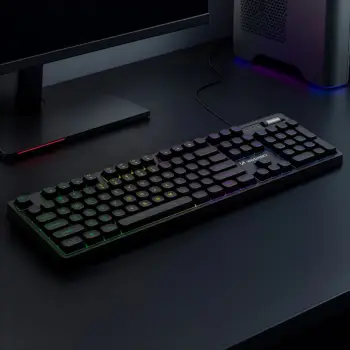 tastierë gaming, Wozinsky WKG-200, madhësi e plotë, membranë, rrotë volumi, drita RGB rainbow, USB me kabllo, e zezë