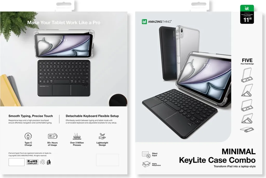 Mbështjellës me tastierë Bluetooth, AmazingThing, Minimal Case KeyLite Combo, për iPad Air 13" M3 (2025), touchpad, kënde të rregullueshme, e zezë - 5