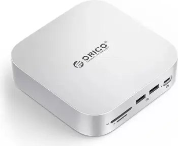 Stacion dokimi 9‑në‑1 Orico MiniLink ORICO-M48PR me hapësirë për hard disk, USB-C 10Gbps, LAN 2.5GbE, lexues SD/TF, audio 3.5 mm, argjend
