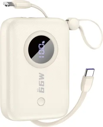 Power bank, Dudao K14, 10000 mAh, me kabllo USB-C/Lightning të integruara, PD/QC 22.5W, me ekran, bezhë