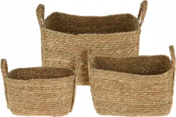 Set shportash me kapak lon Basket, 3 copë, të endura, ngjyrë natyrale