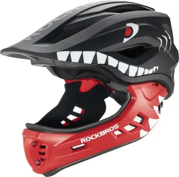 Kaskë biçiklete për fëmijë, Rockbros TT-32005 Shark, full-face me nofullë të heqshme, madhësia M (54-58 cm), e zezë