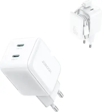 Karikues muri Joyroom JR-TCL05, 45W GaN, 2x USB-C, me organizues kablloje, i bardhë, me kabllo USB-C 1.2m