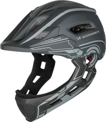 Kaskë biçiklete full-face për fëmijë, Wozinsky HT-27S, me dritë të pasme LED me USB, rregullim 360°, peshë 400 g, S 52-56 cm, gri
