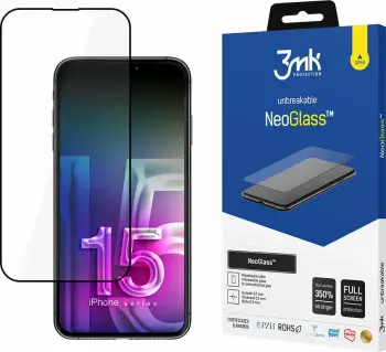 Mbrojtës ekrani, 3mk Protection NeoGlass, për Apple iPhone 15 Plus, 8H, mbulim full screen, forcim deri 350%, e zezë, me aksesorë montimi