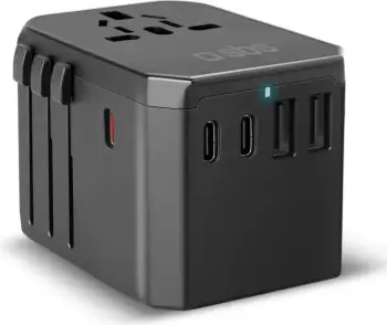 Adapter udhëtimi GaN 70W, SBS, 5 porta USB-A/USB-C, PD, prizë globale EU/UK/US/AU, me pouch, e zezë