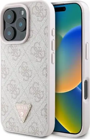 Mbështjellës MagSafe Guess Leather 4G Triangle Strass për iPhone 16 Pro Max 6.9", TPU/PC/eko-lëkurë, rozë