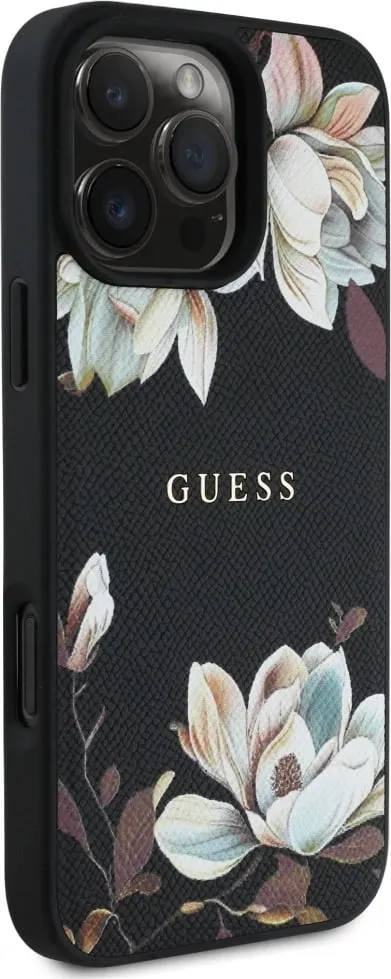 Mbështjellës MagSafe Guess Grained Printed Flower Pattern për iPhone 16 Pro Max 6.9", TPU/PC/eko-lëkurë, motiv lulesh, black - 1