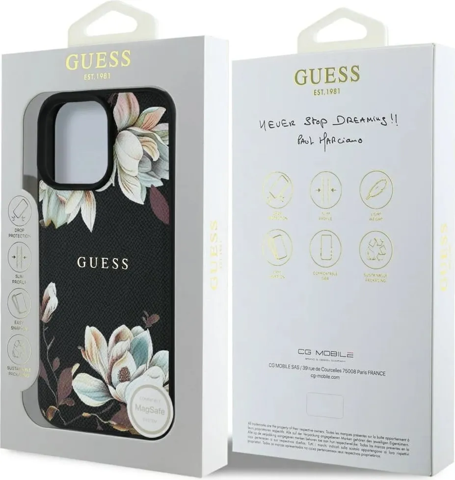 Mbështjellës MagSafe Guess Grained Printed Flower Pattern për iPhone 16 Pro Max 6.9", TPU/PC/eko-lëkurë, motiv lulesh, black - 5