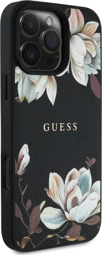 Mbështjellës MagSafe Guess Grained Printed Flower Pattern për iPhone 16 Pro Max 6.9", TPU/PC/eko-lëkurë, motiv lulesh, black