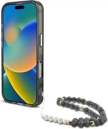 Mbështjellës, Guess, Palm Trees Triangle Pearl Strap MagSafe, për iPhone 16 Pro 6.3", magnet MagSafe, TPU/PC, me rrip me rruaza, zi