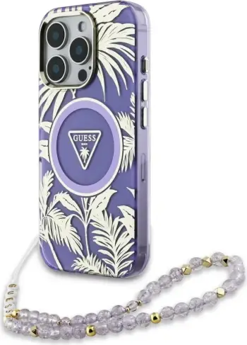 Mbështjellës, Guess, Palm Trees Triangle Pearl Strap MagSafe, për iPhone 16 Pro 6.3", MagSafe, hardcase TPU/PC me varëse rruzash, vjollcë