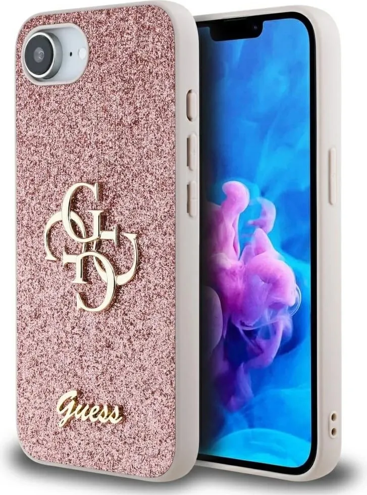 Mbështjellës, Guess, Fixed Glitter Big 4G, për iPhone 16e, hardcase eco-lëkurë/TPU/PC, rozë - 1