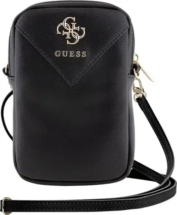 çantë për celular, Guess, ZIP Leather Triangle 4G, eko-lëkurë, 19x12x3.8 cm, rrip i rregullueshëm, e zezë
