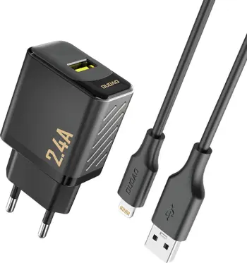 Karikues muri GaN, Dudao A23LEU, 12W 2.4A, USB-A, prizë EU, e zezë, me kabllo USB-A në Lightning 1m