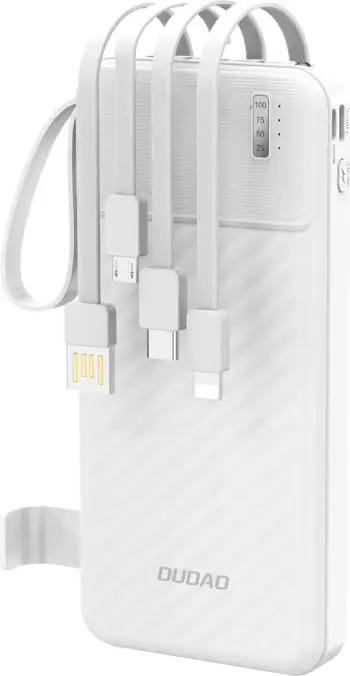 Powerbank Dudao K11, 10000 mAh, me kabllo të integruara, Bardhë