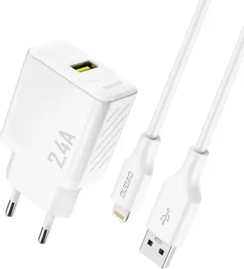 Karikues muri GaN, Dudao A23LEU, 12W 2.4A USB-A, me kabllo USB-A në Lightning 1m, prizë EU, bardhë