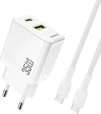 Karikues muri, Dudao A27MaxCEU, 35W PD/QC, 2 porta USB-C/USB-A, prizë EU, me kabllo USB-C 1 m, i bardhë