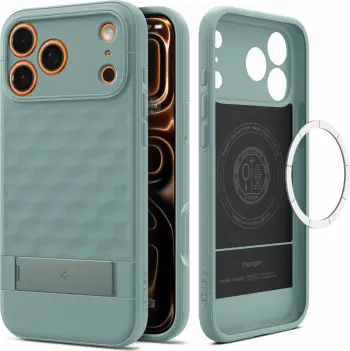 Mbështjellës Spigen Parallax S MagSafe për iPhone 17 Pro Max me stendë të palosshme, TPU, jeshile