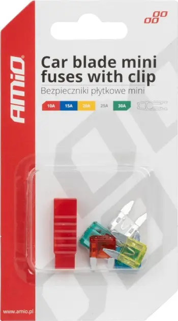 Set siguricash mini për veturë AMiO, 5 copë, 10A deri 30A, me pincetë