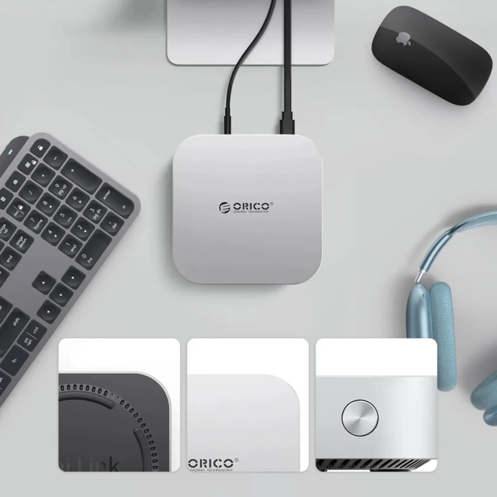 Docking station, Orico MiniLink, 9-në-1 me bay M.2 SSD NVMe, USB-C, për Mac mini/PC, argjendtë - 3