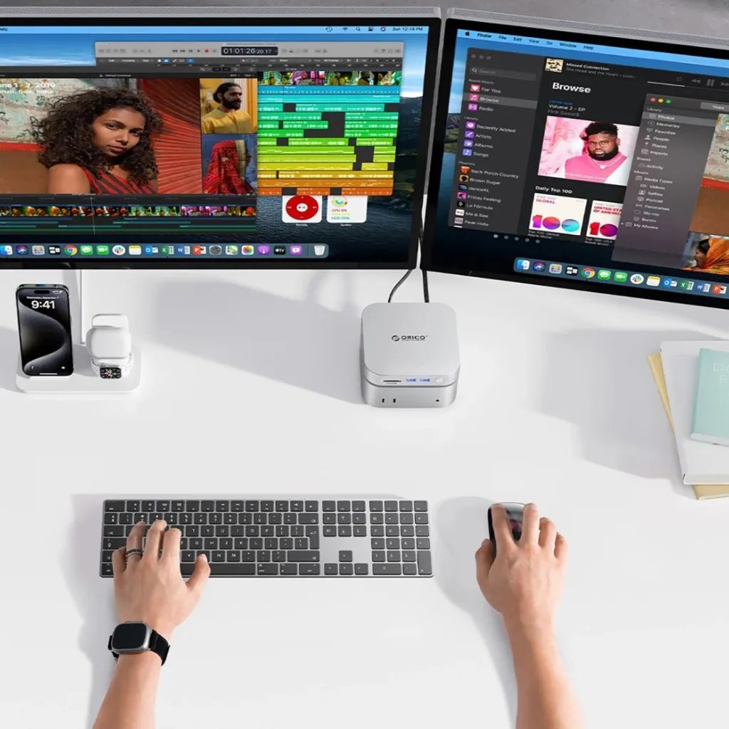 Docking station, Orico MiniLink, 9-në-1 me bay M.2 SSD NVMe, USB-C, për Mac mini/PC, argjendtë - 4
