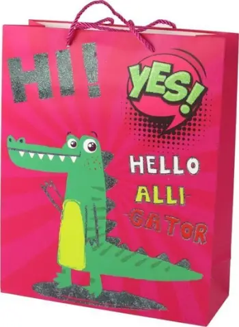 Qese dhuratash Leantoys, 32x26x10cm, motiv krokodili, rozë me shkëlqim