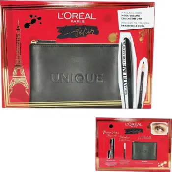 Set kozmetik L'Oreal Paris, laps sysh kajal i zi 1.5g, maskarë Mega Volume Collagen 24h Waterproof e zezë 9ml, çantë tekstili e zezë