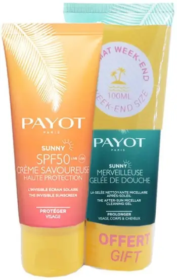 Set kozmetik Payot Sunny Duo 2023, krem dielli fytyre SPF 50, xhel dushi pas diellit