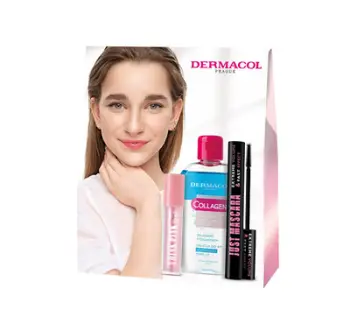 Set kozmetik për femra Dermacol Just Think Pink, maskarë për qerpikë 12.5 ml + vaj për buzë 4 ml + heqës grimi 150 ml