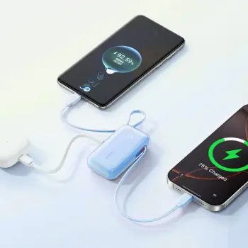 Power bank Joyroom JR-PR2L 10000mAh 35W me kabllo USB-C tërheqëse të integruar dhe kabllo-litar Lightning, blu
