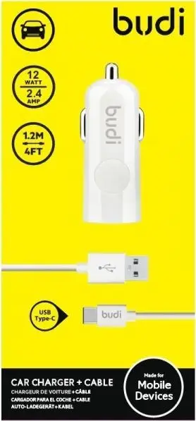 Karikues makine Budi BD062T, 1x USB A 2.4A 12W, me kabllo USB C, i bardhë
